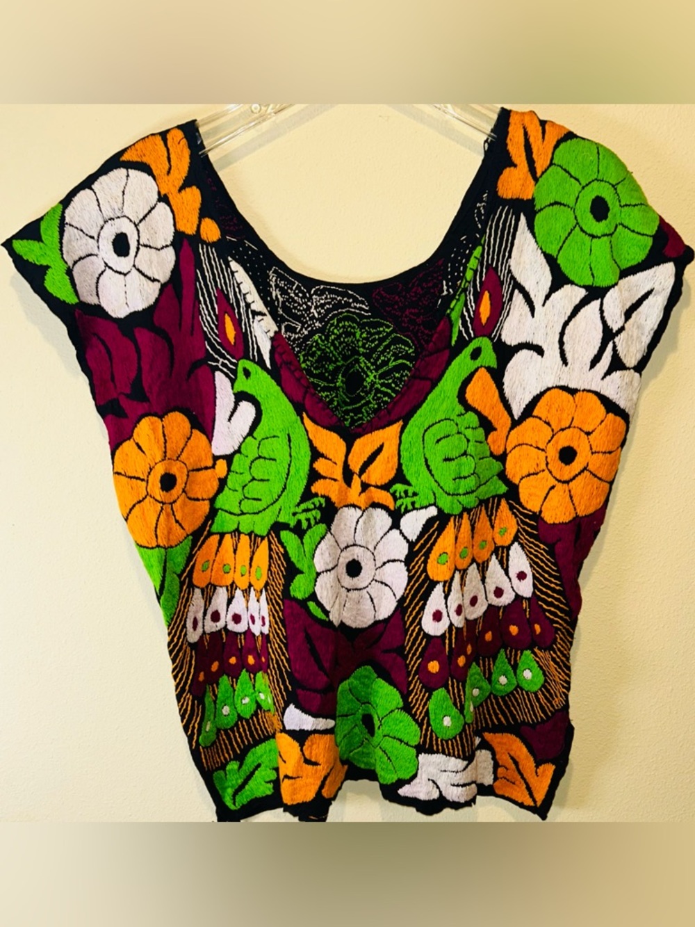 Handmade Mexican Jalapa Blouse Huipil Hand Embroidered Peacock Floral Oaxaca Top